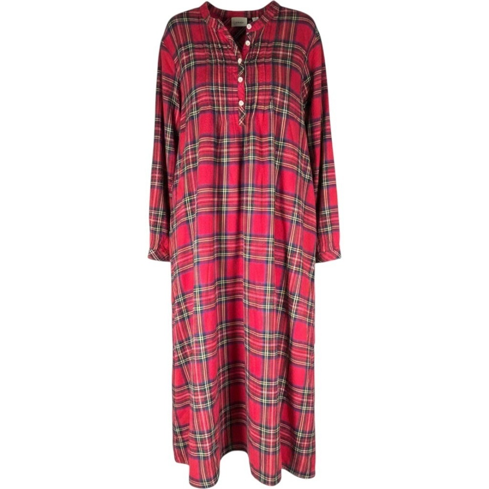 LL Bean Red Plaid Flannel Nightgown XL Petite Cotton Long Sleeve Pockets